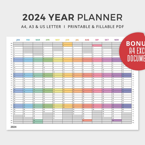 2024 Year Planner PDF and Excel doc | Printable / Editable | Minimalistic Rainbow Calendar | A4, A3 & US Letter | Instant Digital Download