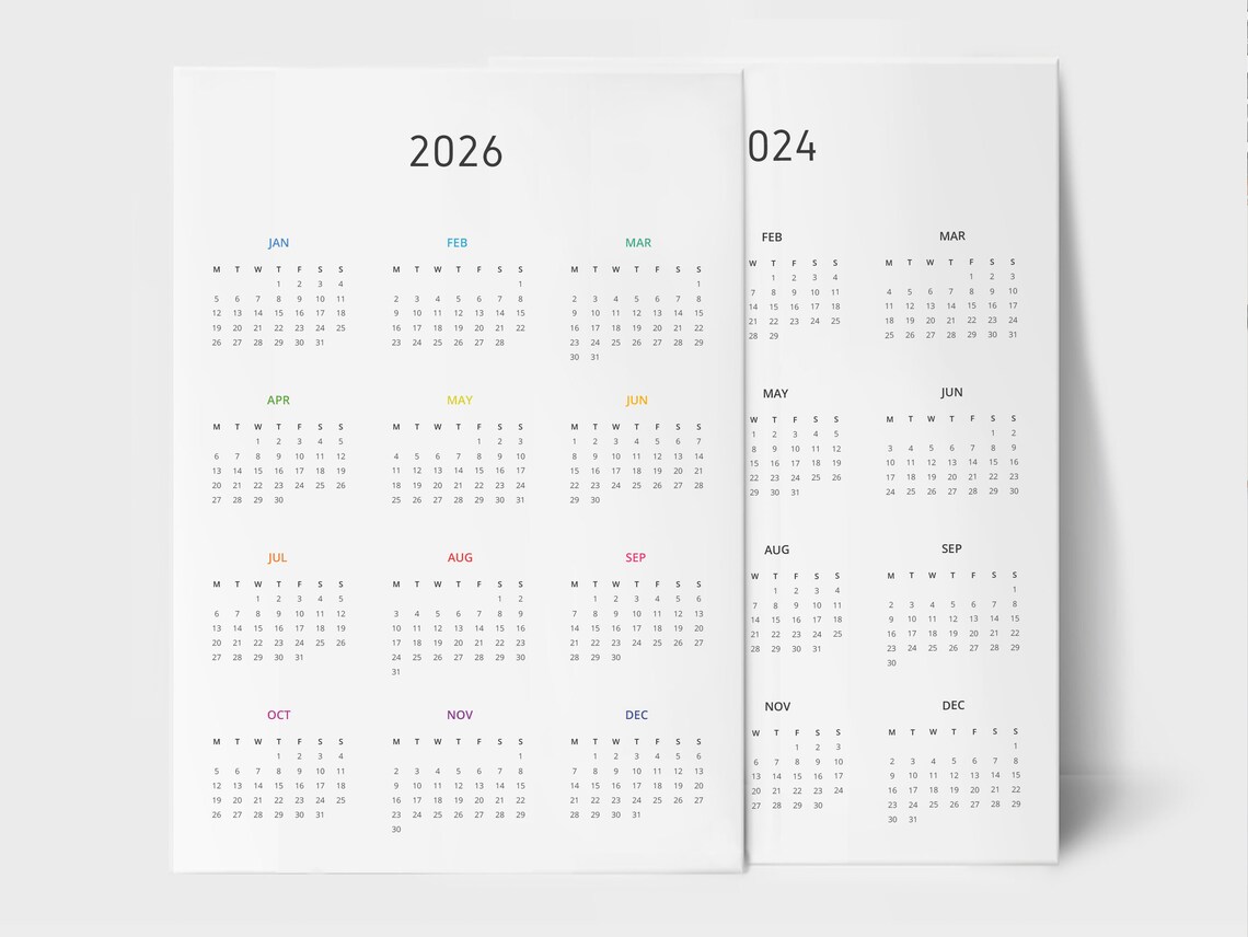 2024 2026 Year Calendar PDF Printable PDF Year to View Calendar Rainbow