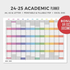 Planificador del año académico 2024-2025 PDF / Imprimible / Editable / Calendario arco iris minimalista / A4, A3 y carta de EE. UU. / Descarga digital instantánea