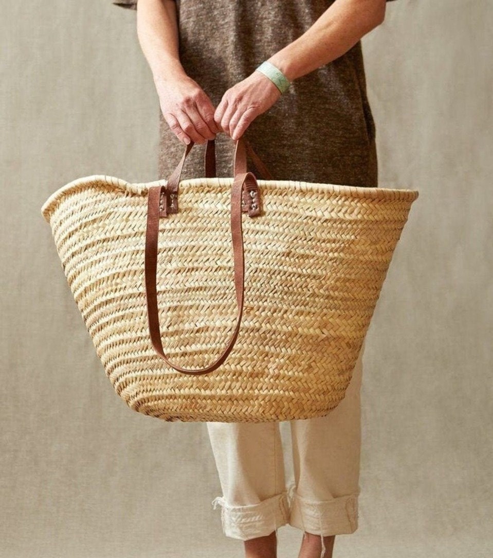 Straw Bag Handmade French Basket Moroccan Basket French Market Basket,  Beach Bag Natural Basket Long Flat Leather Handle 