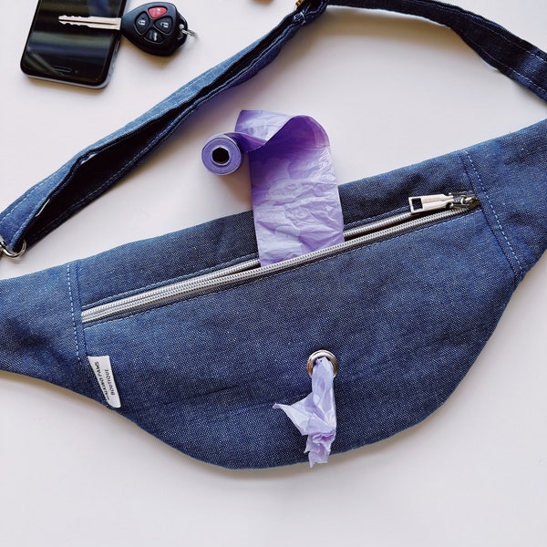 denim canvas crossbody fanny pack, boho belt bag with poo hole compartment great for adventures with your dog, waist purse adjustable size