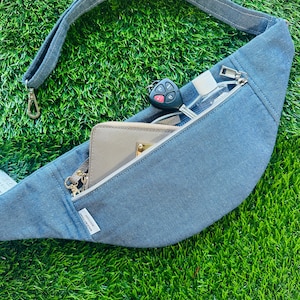 denim canvas crossbody fanny pack, boho belt bag with poo hole compartment great for adventures with your dog, waist purse adjustable size