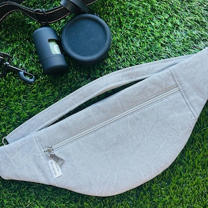 distress grey fanny pack with poo holder for dog lovers. Adjustable belt pack for dog walking, trending dog mom gift, oversized bum purse,