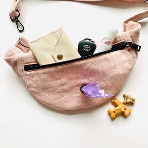Pastel pink belt bag for dog walking, fanny pack with poo holder and inside pocket. Adjustable custom size bum purse, trending dog mom gift,