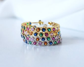 Rainbow Hoops, Colorful Cubic Zirconia Earrings, Rhodium Plated Sterling Silver, Butterfly Closure, Gemstone Bezel Hoop Earrings, Simple