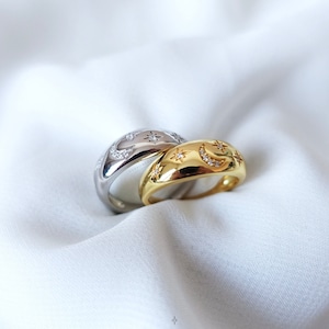 Moon & Stars Ring, Adjustable Thick Ring, Cubic Zirconia Moonscape, Boho Fashion Jewelry Gift for Her, Gold Vermeil Sterling Silver Band