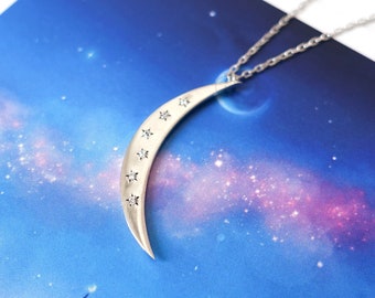 Sterling Silver Crescent Moon Necklace: Cubic Zirconia Starry Celestial Jewelry