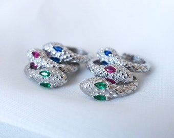 Snake Huggie Hoops Sterling Silver, Small Serpent Earrings, Green Crystal, Blue Cubic Zirconia, Fashion Jewelry for Her, Simple — BELINDA