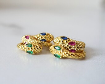 Serpent Huggie Hoops, Gold Snake Earrings, Small Hoop Earrings, Sterling Silver Huggies Fashion Jewelry, Blue Green Red Crystals — BELINDA