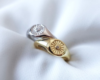 Zegelring Sunburst: zirkonia, verguld sterlingzilver