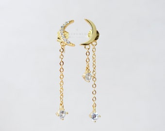 boucles d'oreilles étoile et lune, boucles d'oreilles asymétriques croissant de lune, argent sterling or plaqué, bijoux célestes, délicates