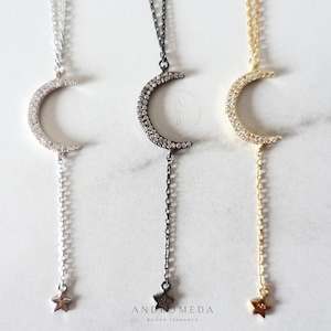 Crescent Moon Y Necklace, Crystal Star, Boho Jewelry, Oxidized Black Sterling Silver, Gold Vermeil, Celestial Gift for Her, Astrology