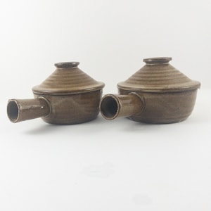 French onion soup dishes. Set of two. Mid-century ceramic stoneware.