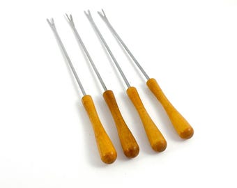 Long fondue forks. Wood handles. Set of four. Retro vintage. MCM party ware.