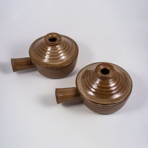 French onion soup dishes. Set of two. Mid-century ceramic stoneware.