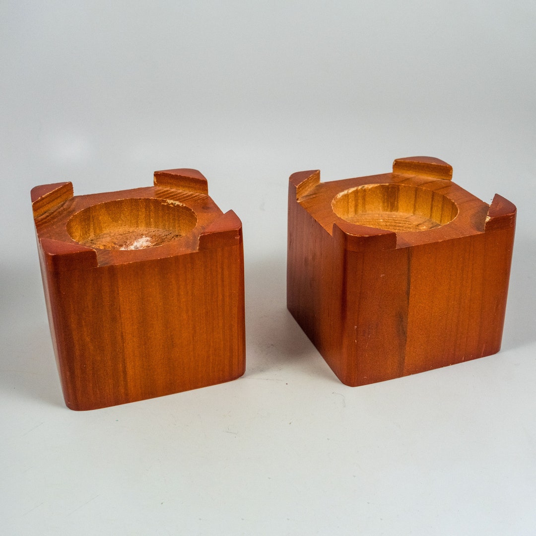 Block Pillar Candle Holders. Set of Two. Wooden Handmade Midcentury Style. Etsy