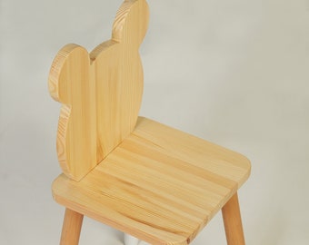 Personalized Kids Naturel Bear Chairs, Children's Wooden Chair, Bear Toddler Chair, Wooden Chair for Kids, Montessori Seat, Kids Furniture