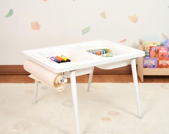 Montessori White Non Toxic Activity Table with Roll Paper, Reversible Chalkboard Whiteboard, Kids Furniture, Natural MDF Wood
