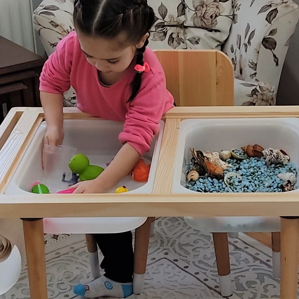 Mesa y sillas sensoriales para niños, regalo de cumpleaños, mesa de actividades de madera Montessori con soporte para papel fotográfico, muebles, educativo, agua y arena