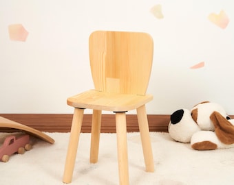 Personalized Bear Toddler Chair, Natural Pine Montessori Kids Seat