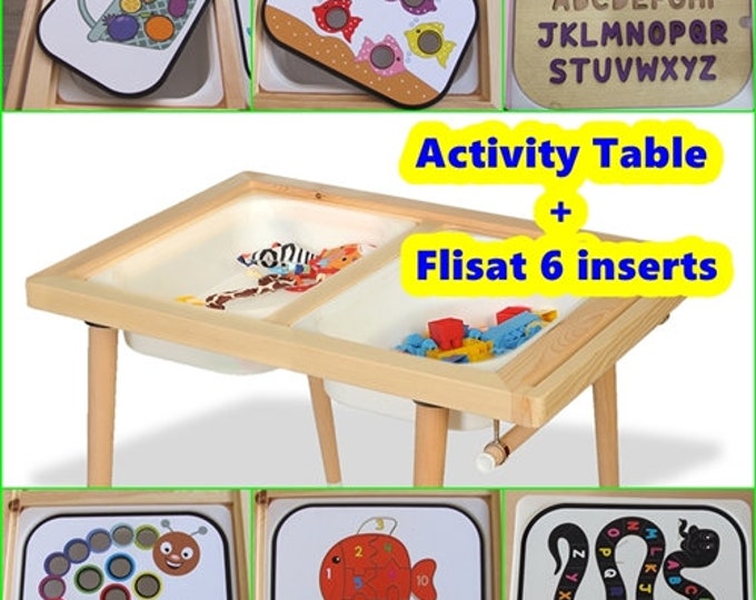 Mesa de actividades con 6 inserciones Flisat, contenedor sensorial para niños, regalo para niños pequeños, sillas de madera inteligentes, soporte de papel para imágenes, juguete de sala de juegos Montessori