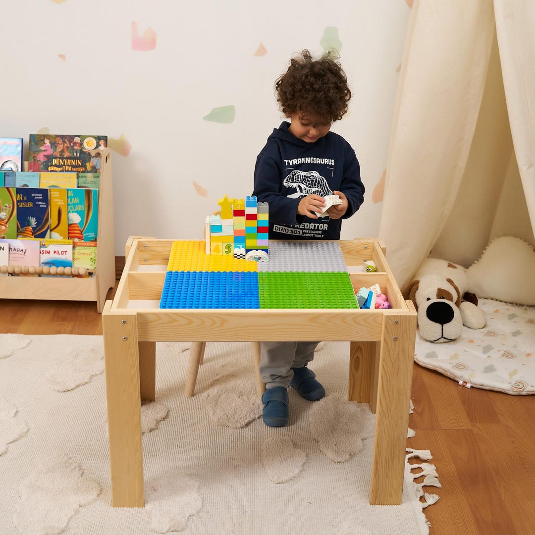 Wooden Building Blocks Table With Storage, Kids Activity Desk, Pine ...