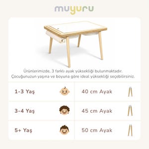 May include: A white and wood-toned children's desk with a rectangular tabletop and angled legs. The desk has a built-in storage compartment. The image includes text about different leg heights for various age groups.