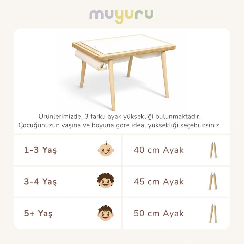 May include: A white and wood-toned children's desk with a rectangular tabletop and angled legs. The desk has a built-in storage compartment. The image includes text about different leg heights for various age groups.