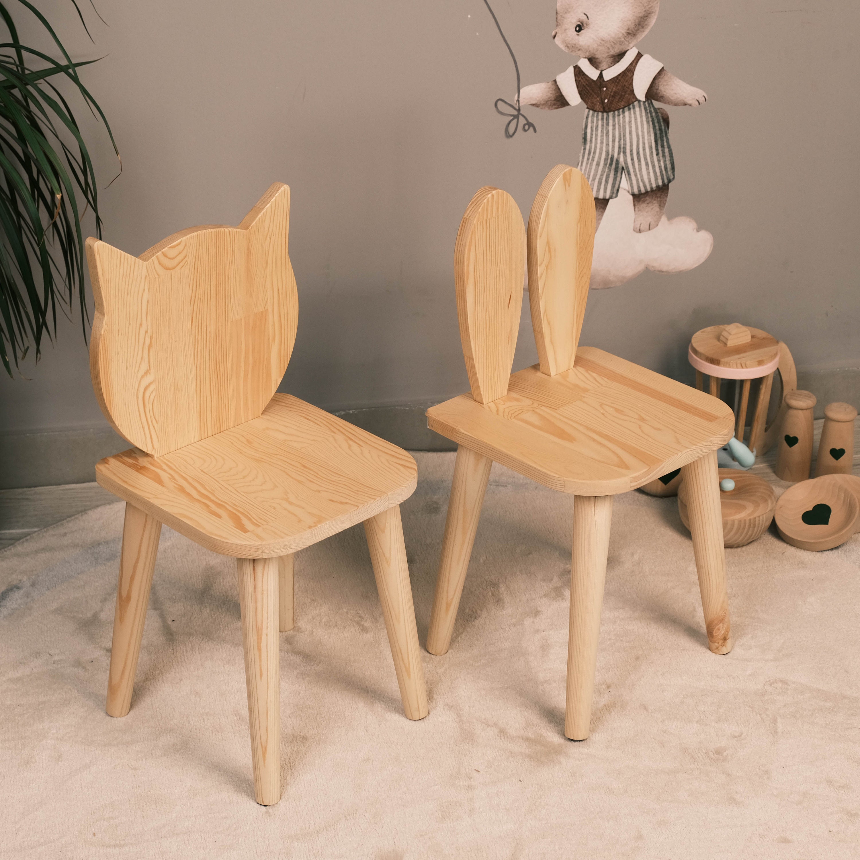 Tabouret Enfant En Bois Avec Oreilles De Lapin - Décoratif, Robuste | Pour Chambre, Salle De Jeux | Porte Jusqu'à 180kg