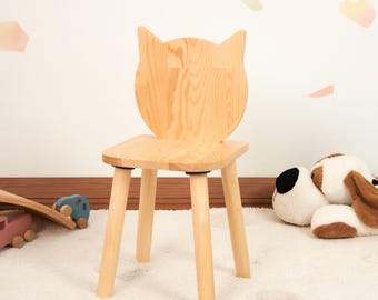 Personalisierte Kinder Naturel Katzenstühle, Kinderkiefernholzstuhl, Katzenkleinkindstuhl, Holzstuhl für Kinder, Montessori-Sitz, Kindermöbel