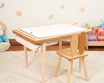 Montessori Birch Sensory Table, Kids Activity Desk with Bins, Chalkboard and Whiteboard