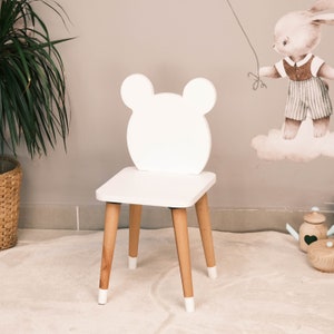 Personalized Kids Bear White Chairs, Children&#39;s Wooden Chair, Bear Toddler Chair, Wooden Chair for Kids, Montessori Seat, Kids Furniture