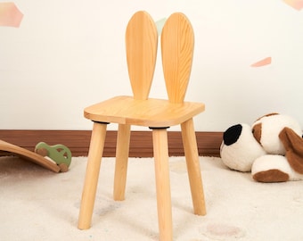 Personalized Wooden Children Chair, Whimsical Rabbit Ears Design, Montessori Toddler Furniture