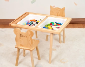 Wooden Sensory Activity Table with Storage, Montessori Inspired Play Furniture