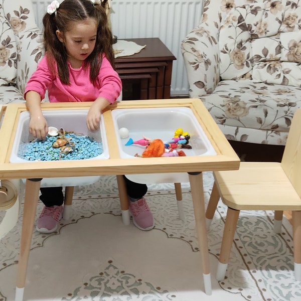 Montessori Sensory Playroom Toys Water and Sand Activity Table, Gift For Kids and Toddler, Flisat Bins, Wooden Chairs Smart, Picture Paper,