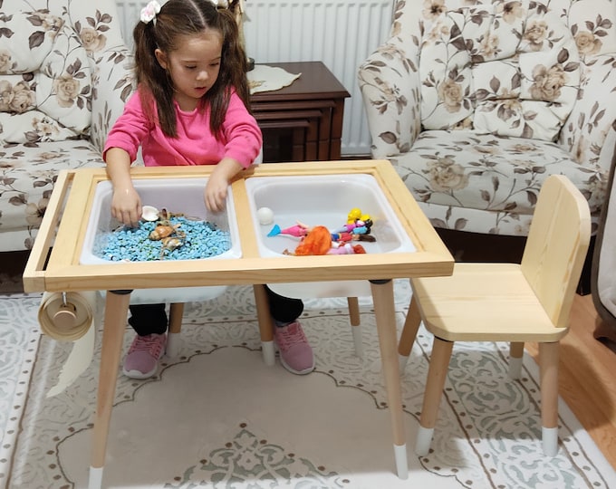 Montessori Sensory Playroom Toys Water and Sand Activity Table, Gift For Kids and Toddler, Flisat Bins, Wooden Chairs Smart, Picture Paper,