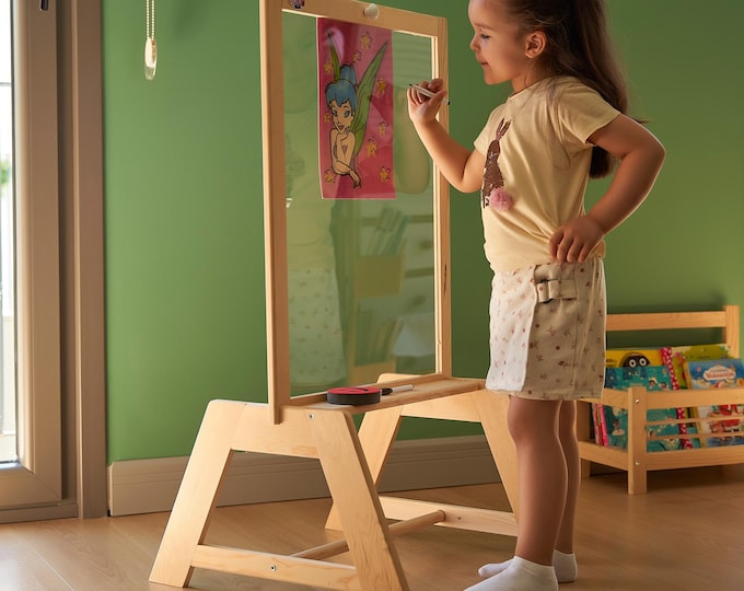 Montessori Wooden Drawing Board for Kids, Double-Sided Art Stand, Waldorf Tool