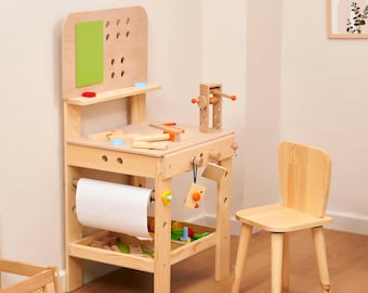 Handcrafted Wooden Kids Workbench, 72-Piece Tool Set, Pretend Play Construction Toy
