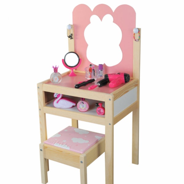 Wooden Kids Beauty Table Makeup with Mirror and Chair Pink Toy, Gift For Kids and Girls, Birhtday Gift, Princess Beauty Table, Nursery Decor