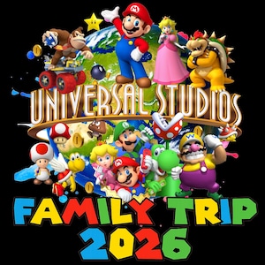 May include: A colorful graphic featuring characters from the Super Mario franchise, including Mario, Peach, and Bowser, with the text "UNIVERSAL STUDIOS FAMILY TRIP 2026" on a black background. The image has a cartoon style.