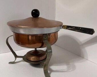 Vintage Chafing Dish aus Kupfer mit Deckel, Brenner & Ständer, Holzgriffe