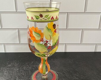 Verre à vin peint à la main, feuilles d'automne