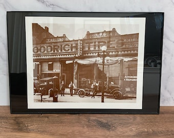 Mallory's Goodrich Tire Garage, carte sépia vintage, années 30, cadre
