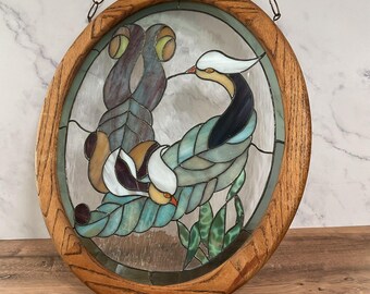 Vintage Large Oval Stained Glass Birds Theme in Solid Oak Frame.23” X 19”