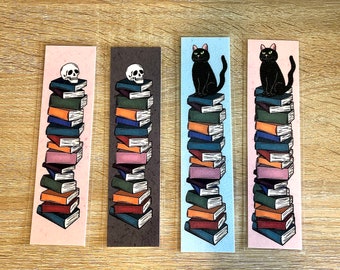 Bookmarks Stack of Books featuring either Black Cat or Skull on Top