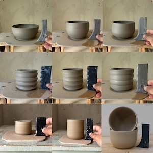 Könnte beinhalten: Ein Schritt-für-Schritt-Prozess zur Herstellung einer Keramikschale und einer Tasse mit Hilfe einer Töpferscheibe und eines Werkzeugs zum Erzeugen von Rillen. Die Keramik ist hellbraun.