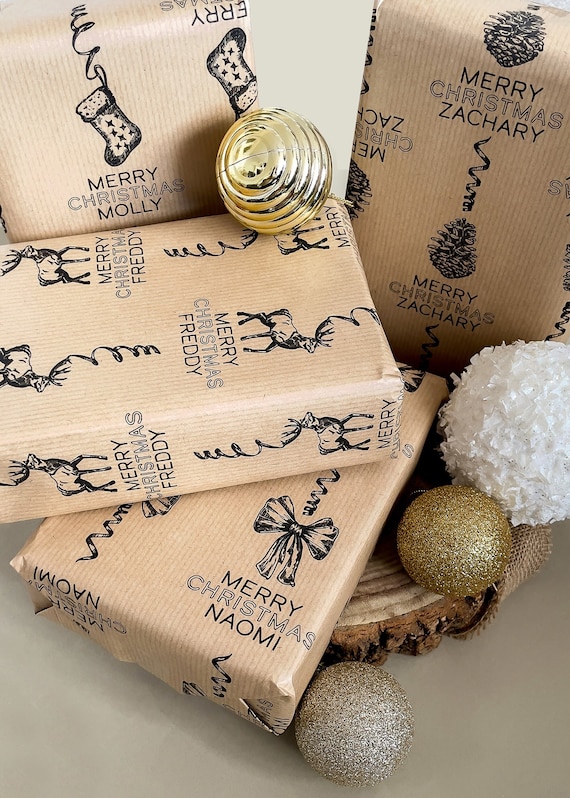 Personalised Christmas Kraft Gift Wrapping Paper Rolls Brown