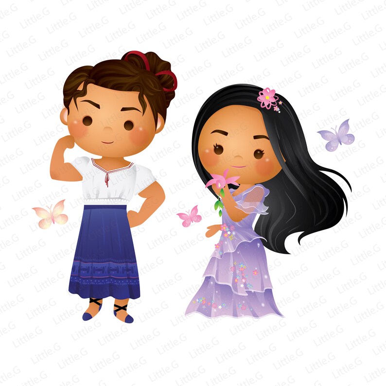 May include: Two cartoon girls, one with brown hair and a white and blue dress, the other with long black hair and a purple dress, with butterflies in the background.