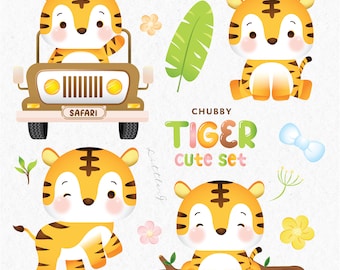 May include: A set of four cute cartoon illustrations featuring a chubby tiger in different poses. The tiger is orange and black with a white face and belly. The illustrations include the tiger driving a safari jeep, sitting on a log, standing, and sitting with its paws crossed. The text "Chubby Tiger Cute Set" is written in colorful letters.