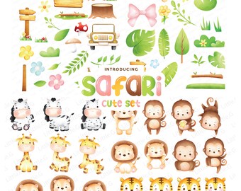 May include: A set of watercolor illustrations featuring safari animals, including zebras, giraffes, lions, tigers, and monkeys. The illustrations are in a cute cartoon style and are perfect for use in scrapbooking, card making, or other craft projects. The set also includes various jungle elements, such as leaves, flowers, and a wooden sign.